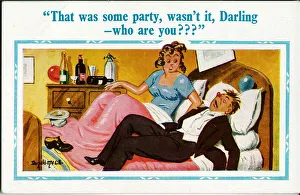 Comic postcard, Couple in bed - who are you? Date: 20th century Comic postcard, Couple in bed - who are you? Date: 20th century