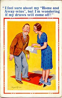 Comic postcard, Couple discussing the football pools Date: 20th century Comic postcard, Couple discussing the football pools Date: 20th century