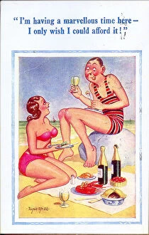 Bikini Gallery: Comic postcard, Couple having picnic on the beach Date: 20th century