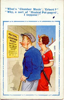 Comic postcard, Couple reading concert poster Date: 20th century Comic postcard, Couple reading concert poster Date: 20th century
