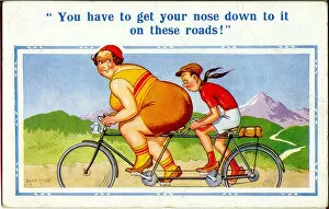 Tandem Gallery: Comic postcard, Couple riding tandem on a country lane