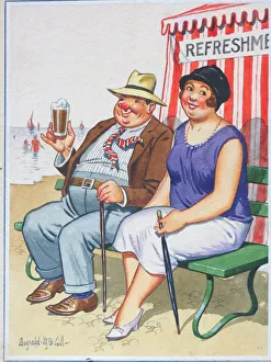 Comic postcard, Couple sitting on the beach Comic postcard, Couple sitting on the beach