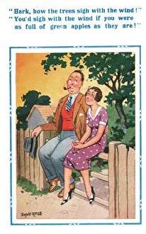 Comic postcard, Couple sitting on a fence Date: 20th century Comic postcard, Couple sitting on a fence Date: 20th century