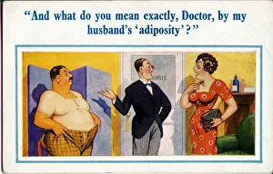 Comic postcard, Couple visiting the doctor Date: 20th century Comic postcard, Couple visiting the doctor Date: 20th century
