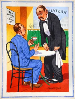 Comic postcard, Customer and waiter in restaurant Comic postcard, Customer and waiter in restaurant