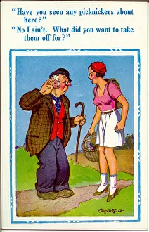 Comic postcard, Deaf old man misunderstands pretty young woman Date: 20th century Comic postcard, Deaf old man misunderstands pretty young woman Date: 20th century