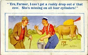 Difficult Gallery: Comic postcard, Difficulty milking a cow Date: 20th century