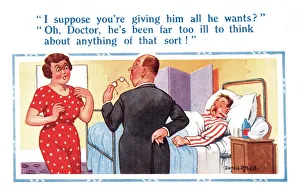 Comic postcard, Doctor visits sick man, wife misunderstands Comic postcard, Doctor visits sick man, wife misunderstands