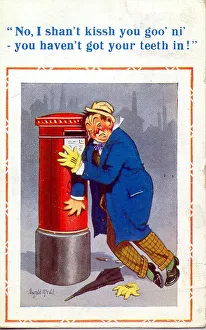 Comic postcard, Drunken man with pillar box Comic postcard, Drunken man with pillar box