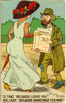 Comic postcard, Elegant woman and scruffy man selling sheet music in the street Date Comic postcard, Elegant woman and scruffy man selling sheet music in the street Date