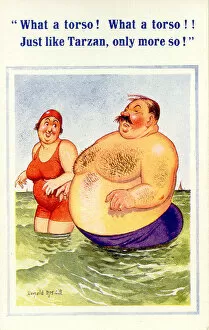 Paddling Gallery: Comic postcard, Enormous man with woman in the sea Date: 20th century