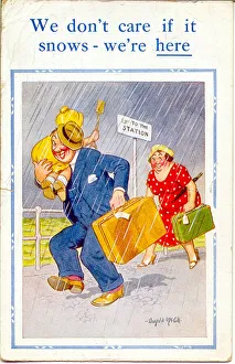 Comic postcard, Family arriving at the seaside in the rain Date: 20th century Comic postcard, Family arriving at the seaside in the rain Date: 20th century