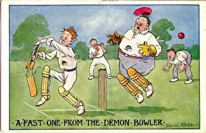 Comic postcard, A fast one from the demon bowler Date: 20th century Comic postcard, A fast one from the demon bowler Date: 20th century