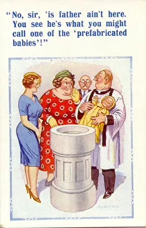 Comic postcard, Father not present at baptism Date: 20th century Comic postcard, Father not present at baptism Date: 20th century