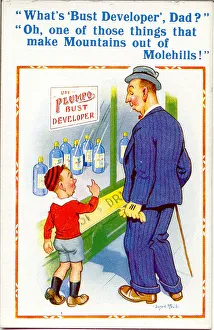 Comic postcard, Father and son, shop window Comic postcard, Father and son, shop window