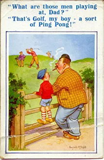 Comic postcard, Father and son watch golfers Date: 20th century Comic postcard, Father and son watch golfers Date: 20th century