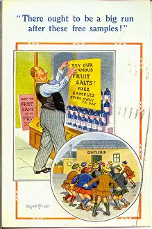Gents Gallery: Comic postcard, Free samples of fruit salts, and the result Date: 20th century