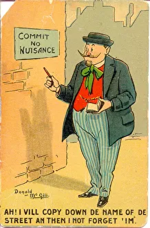 Comic postcard, French man notes down street name Comic postcard, French man notes down street name