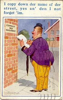 Comic postcard, French man notes down street name - Commit No Nuisance Date Comic postcard, French man notes down street name - Commit No Nuisance Date