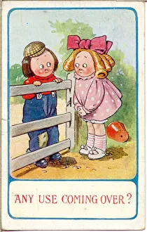 Comic postcard, Girl and boy chat over a gate Date: 20th century Comic postcard, Girl and boy chat over a gate Date: 20th century