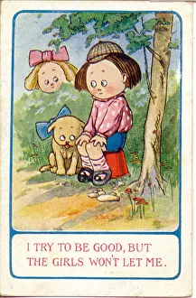 Comic postcard, Girl and boy chat over a hedge Date: 20th century Comic postcard, Girl and boy chat over a hedge Date: 20th century
