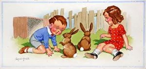 Comic postcard, Girl and boy with rabbits Comic postcard, Girl and boy with rabbits