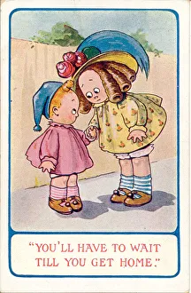 Comic postcard, Girl and boy walking home Date: 20th century Comic postcard, Girl and boy walking home Date: 20th century