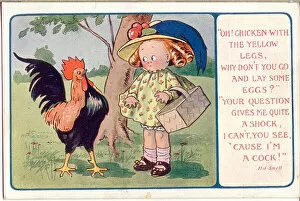 Comic postcard, Girl chats with cockerel - rhyme by H J Snell Date: 20th century