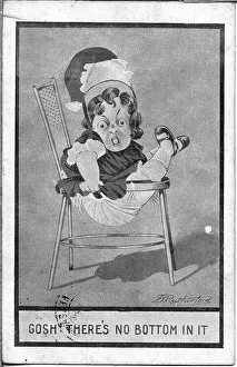Comic postcard, Girl slips through chair Date: early 20th century Comic postcard, Girl slips through chair Date: early 20th century