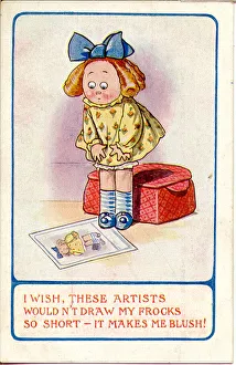 Comic postcard, Girl unhappy with artist's portrait Date: 20th century Comic postcard, Girl unhappy with artist's portrait Date: 20th century