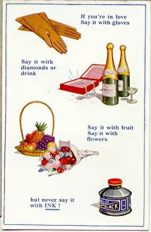 Diamonds Gallery: Comic postcard, Gloves, diamonds, drink, fruit, flowers and ink Date: 20th century