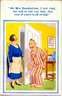 Comic postcard, Hotel guest and landlady - Seek and ye shall find Date: 20th century Comic postcard, Hotel guest and landlady - Seek and ye shall find Date: 20th century