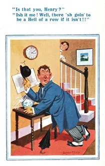 Comic postcard, Husband home drunk Date: 20th century Comic postcard, Husband home drunk Date: 20th century