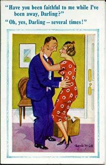 Comic postcard, Husband returns home to wife Date: 20th century Comic postcard, Husband returns home to wife Date: 20th century