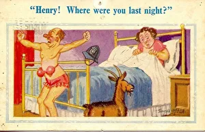 Bikini Gallery: Comic postcard, Husband after riotous night out Date: 20th century