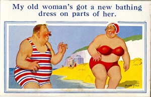 Bikini Gallery: Comic postcard, Large man and woman in the sea