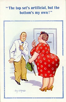 Dental Gallery: Comic postcard, Large woman at the dentists Date: 20th century