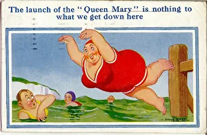 Comic postcard, Large woman diving into the sea Date: 20th century Comic postcard, Large woman diving into the sea Date: 20th century