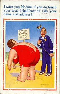 Comic postcard, Large woman exercising on the beach, with warning from inspector Date