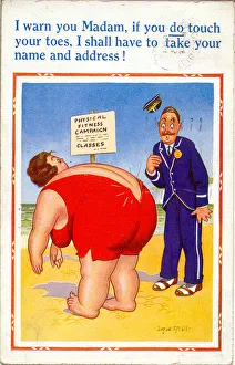 Comic postcard, Large woman exercising on the beach, with warning from inspector Date Comic postcard, Large woman exercising on the beach, with warning from inspector Date