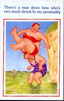 Bikini Gallery: Comic postcard, Large woman falling off a cliff onto a man paddling in the sea Date