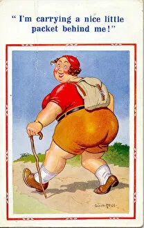 Packet Gallery: Comic postcard, Large woman hiking Date: 20th century