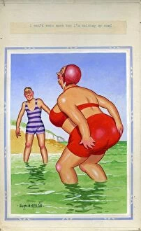Bikini Gallery: Comic postcard, Large woman paddling in the sea Date: 20th century