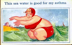 Bikini Gallery: Comic postcard, Large woman in red bikini in the sea Date: 20th century