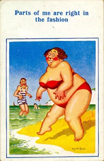 Bikini Gallery: Comic postcard, Large woman in red bikini at the seaside Date: 20th century