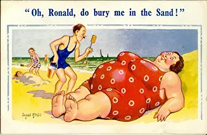 Swimsuit Gallery: Comic postcard, Large woman in red swimsuit on the beach Date: 20th century