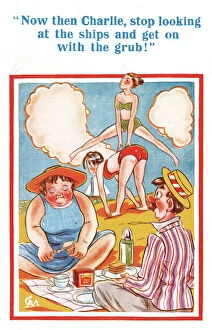 Bikini Gallery: Comic postcard, Leapfrogging on the beach, middle-aged couple picnicking Date