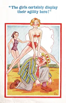 Comic postcard, Leapfrogging on the beach Date: 20th century Comic postcard, Leapfrogging on the beach Date: 20th century
