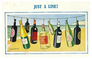 Comic postcard, Line of bottles on the beach - Just a Line! Date: 20th century Comic postcard, Line of bottles on the beach - Just a Line! Date: 20th century
