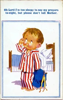 Comic postcard, Little boy going to bed Date: 20th century Comic postcard, Little boy going to bed Date: 20th century